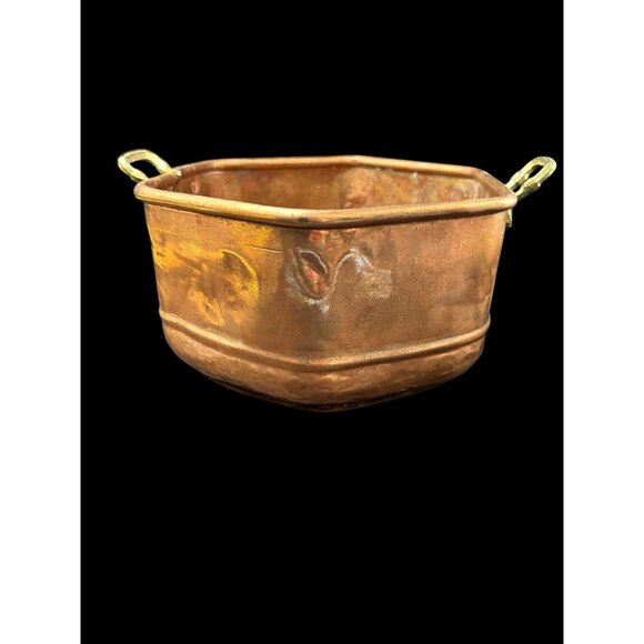 Copper Pot Planter Hexagon Handmade Pieced Seamed Rolled Edge Brass Handles 7x4 - Picture 3 of 10